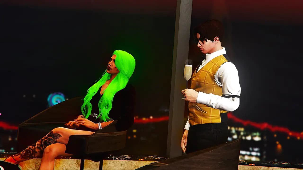 Dos personajes de FiveLife RP durante una escena en un negocio nocturno